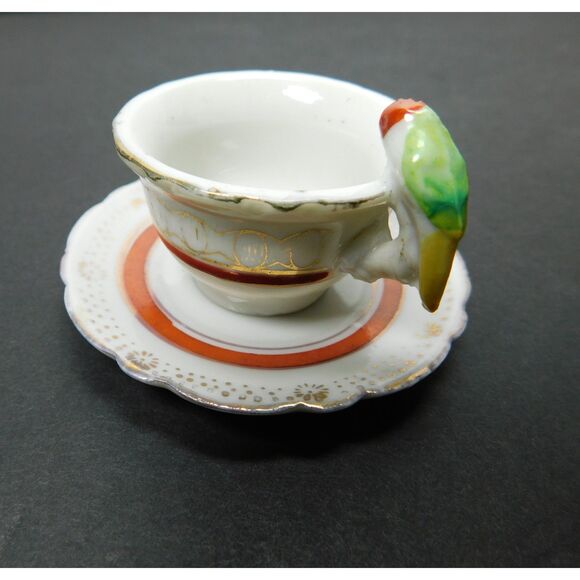 Vintage Miniature Parrot Handle Cup Saucer Japan Made Porcelain Mini - Picture 2 of 8